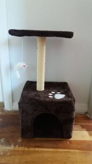 Brown cat scratching post/climber and house with platform and play mouse