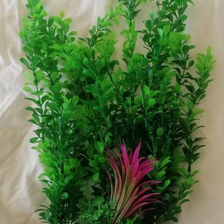 Green Large 35cm Plastic Plant with Purple Flowers
