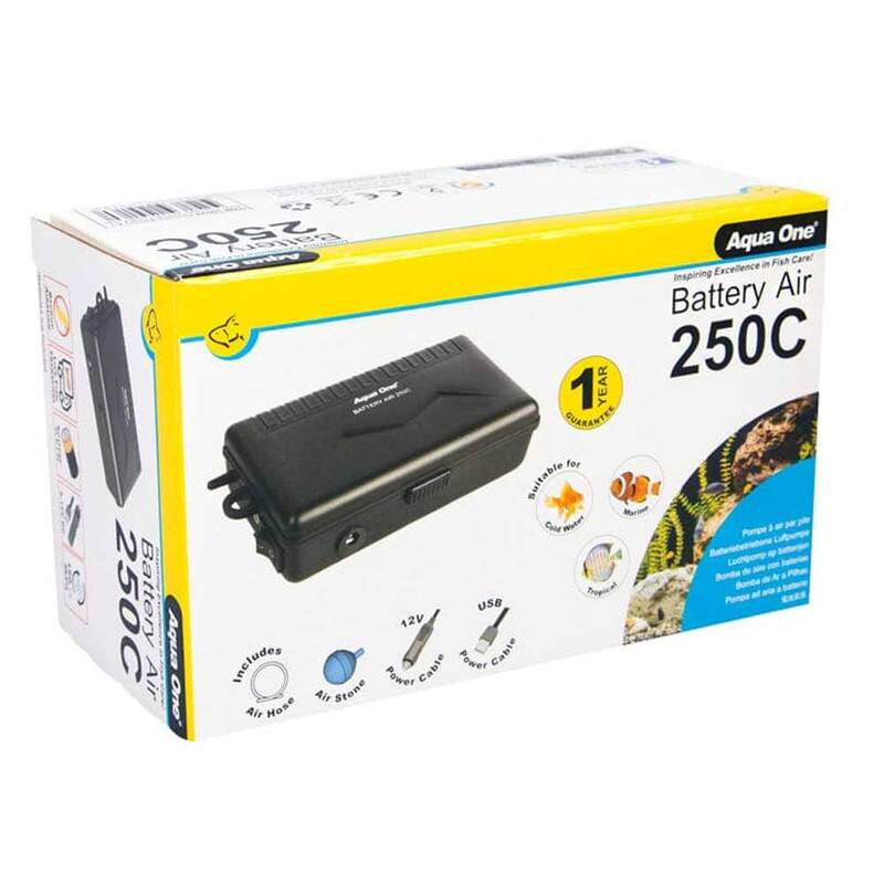 AquaOne Airpump Battery Air250C Portable 150l/hr Cigarette Lighter+ USB Cab